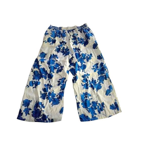 Cynthia Rowley Floral Linen Flat Front Pull On Wide Leg Cropped Pants blue - Picture 3 of 5